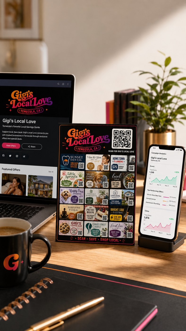 Gigi's Local Love rewards mailer, website and campaign analytics on a desk