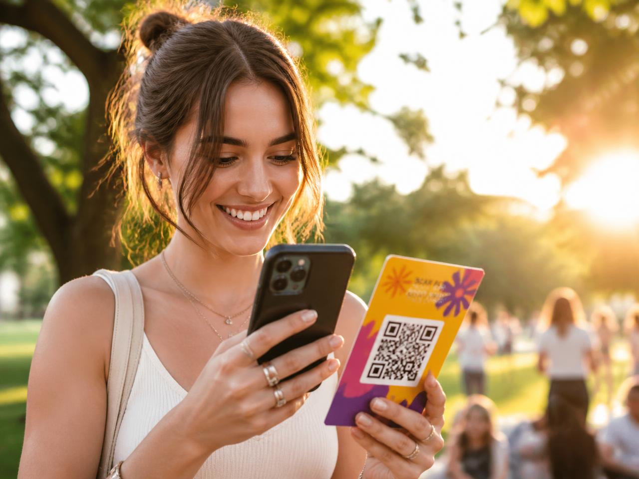 A woman scanning a QR code on a printed card in a park
